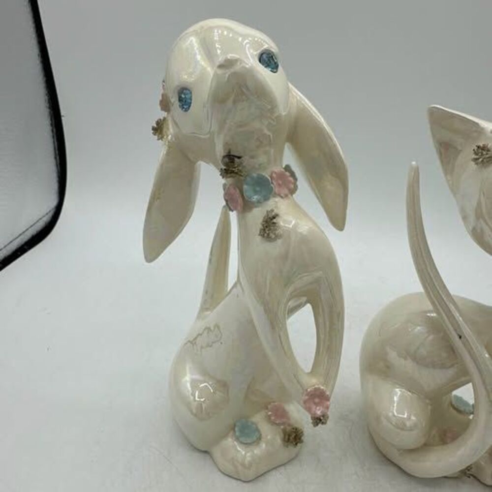 Vintage Lefton Dog Cat Iridescent Figurines Figure Spaghetti Flowers Floral - Picture 2 of 10